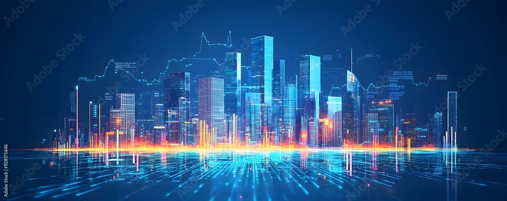 Fototapeta premium A futuristic cityscape illuminated by neon lights and data streams