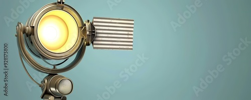 Vintage spotlight on a blue background. It is lit and ready to shine a bright light. A great photo for a film, theater, or studio project. photo