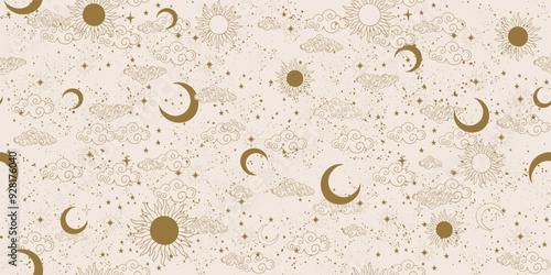 Seamless golden celestial pattern with sun, moon and stars, mystical astrological background, vector horoscope ornament on beige background. Zodiac banner, ornament for fabric, wrapping paper.
