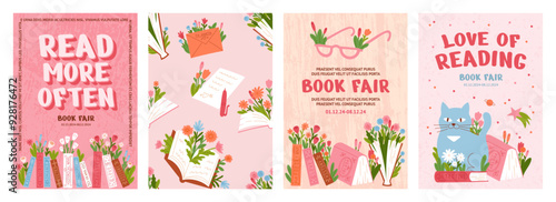 Love to read books. Summer school literature magazine, stack pattern for college study or fun student, romance novels. Cards and posters design. Book store advertising. Vector background