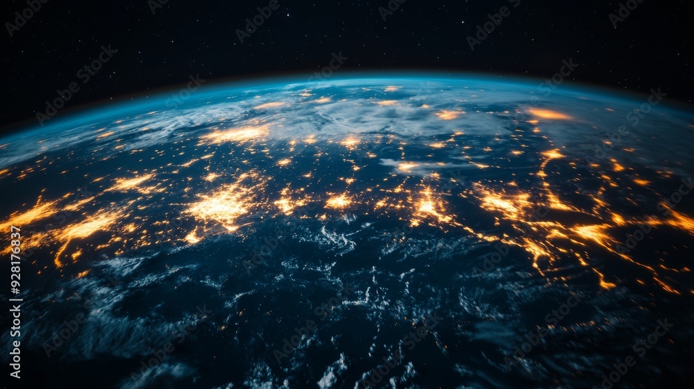 Fototapeta premium Earth at night with city lights and stars visible from space.