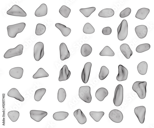 Set of wireframe pebbles and natural stones. Hand drawn illustration vector. Isolated on white background.