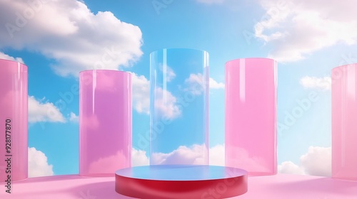 Pastel Pink and Blue Cylinders with Sky Reflection