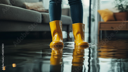 Flood and inundated concept image with person wearing yellow rubber boots wet by the water that flooded the room and the home