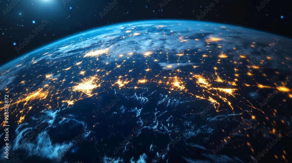 Obraz premium Earth at night with glowing city lights and a starry sky.