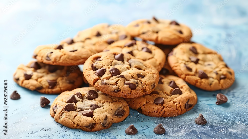 A close-up view of a pile of chocolate chip cookies on a blue surface. Some chocolate chips are scattered around the cookies. A close-up view of a pile of chocolate chip cookies on a blue surface. Some chocolate chips are scattered around the cookies.