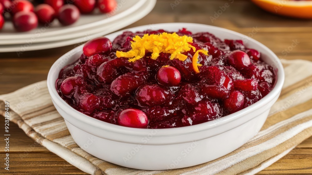 Elegant serving of canned cranberry sauce, topped with orange zest, on a festive Thanksgiving table Elegant serving of canned cranberry sauce, topped with orange zest, on a festive Thanksgiving table