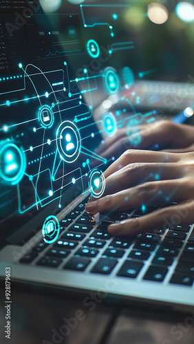Hands Typing on Keyboard with Futuristic Interface and Digital Icons
