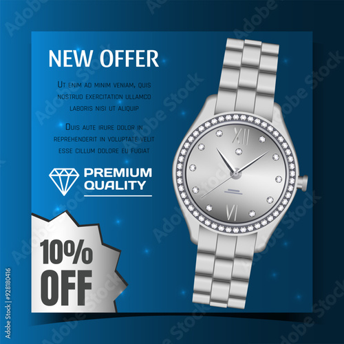 Wristwatch ad banner. Silver wrist clock. Luxury watch advertising. Jewel metal. Diamond gems. Shop promotion. Premium quality. Timepiece dial. Time accessory. Vector marketing background