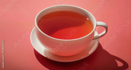 A close up of a cup of tea on a red background. The steam from the hot drink is visible, suggesting a warm and comforting beverage. photo