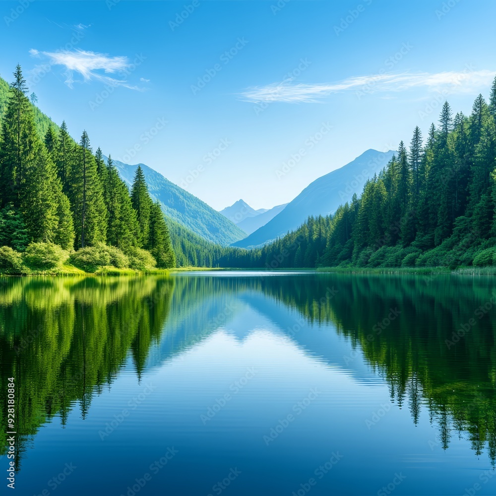 A serene lake surrounded by evergreen trees and mountains reflecting in the calm, clear water under a bright blue sky. A serene lake surrounded by evergreen trees and mountains reflecting in the calm, clear water under a bright blue sky.