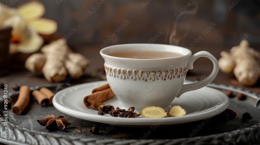 delicious tea on a white cup, ginger bits, cloves, cinnamon, cardamom, fennel, aniseed behind the tea delicious tea on a white cup, ginger bits, cloves, cinnamon, cardamom, fennel, aniseed behind the tea
