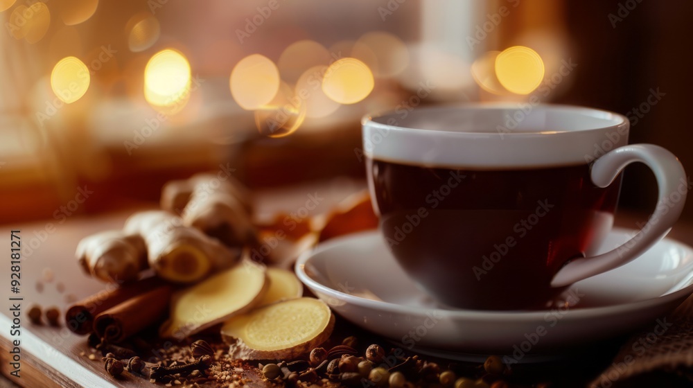delicious tea on a white cup, ginger bits, cloves, cinnamon, cardamom, fennel, aniseed behind the tea delicious tea on a white cup, ginger bits, cloves, cinnamon, cardamom, fennel, aniseed behind the tea