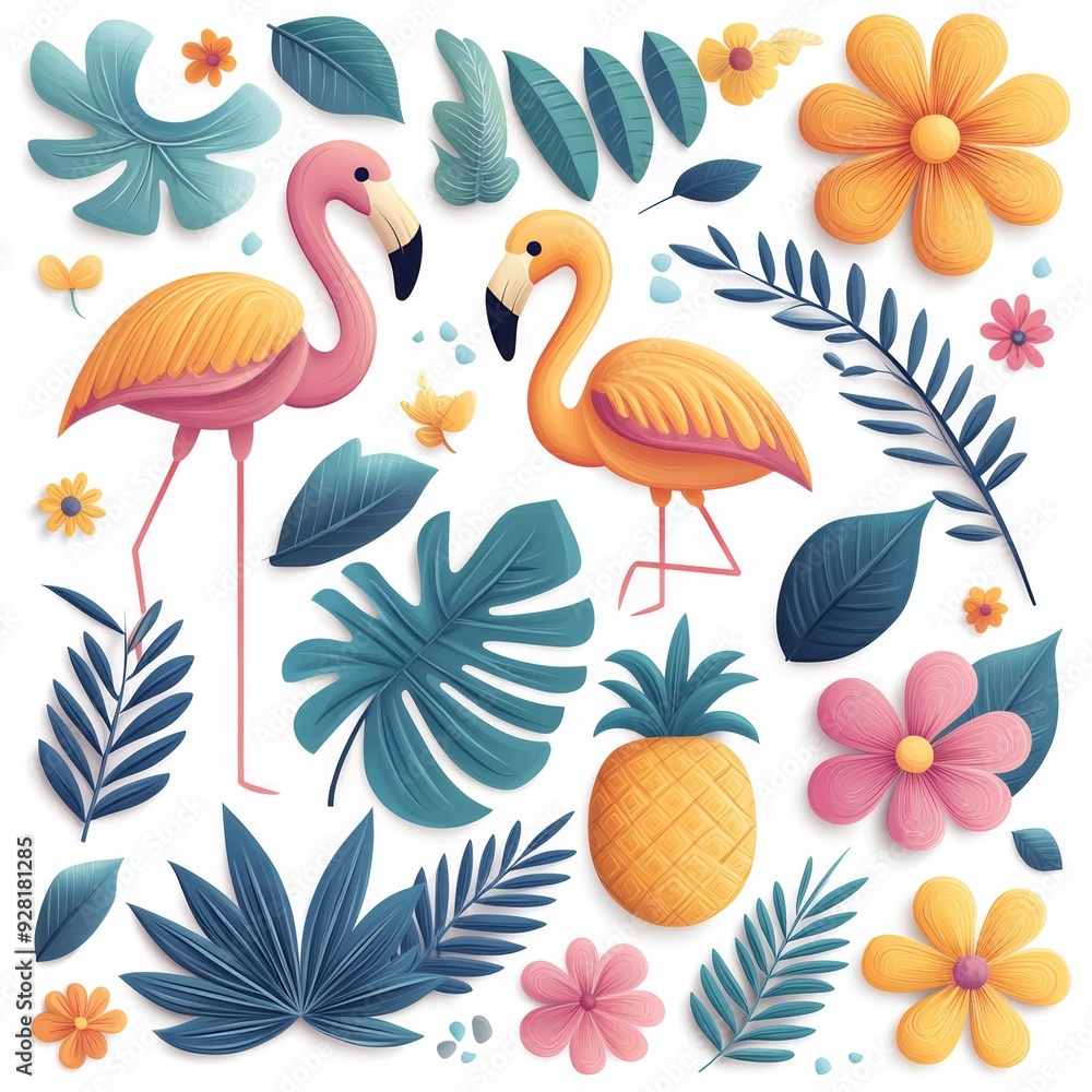 Naklejka premium Colorful tropical illustration with flamingos, flowers, leaves, and a pineapple. Perfect for summer or beach-themed designs.