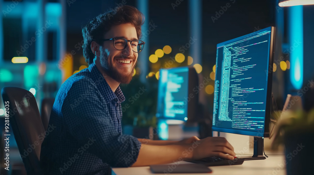 Young programmer working at a desk with multiple monitors in a modern office setting during the evening Young programmer working at a desk with multiple monitors in a modern office setting during the evening