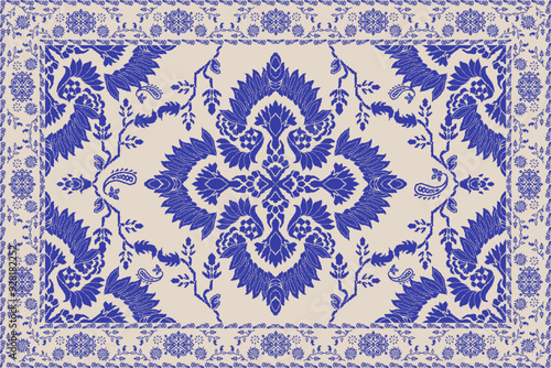 Vintage Arabic pattern. Persian colored carpet. Rich ornament for fabric design, handmade, interior decoration, textiles. Blue and beige background.