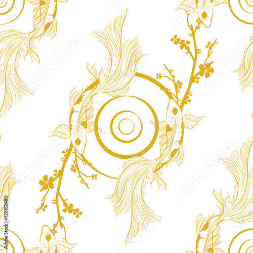 Vector banner with traditional Chinese elements and ornament. Koi carp in gold color on  white background with peony flowers and sun. fish koi japanese chinese design sketch ink paint style