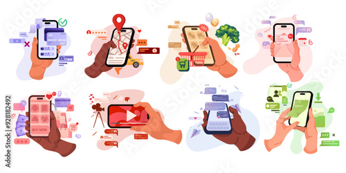 Phone in hand. Smart cellphone application with internet gift. Arm holding doodle smartphone. Social lifestyle. Banking pay or navigation app. Mobile messenger. Vector cartoon icons set