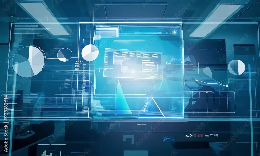 Futuristic interior with a large screen displaying data and an illuminated dot in the center. Futuristic interior with a large screen displaying data and an illuminated dot in the center.