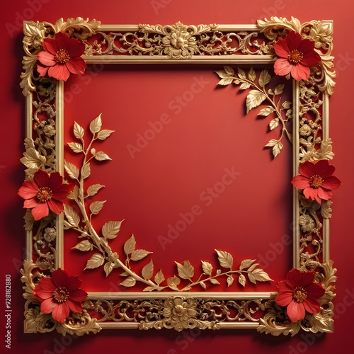 Ornate Golden Frame with Red Flowers