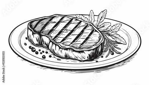 Meat Steak on Plate Sketch Illustration - Beef Food BBQ Lamb Sirloin Slice Raw Menu Grill Eatery Buthering Brisket Rib
