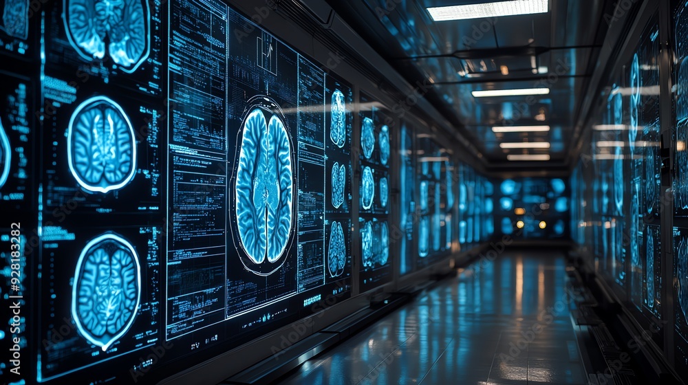 Fototapeta premium Futuristic corridor with brain scans displayed.