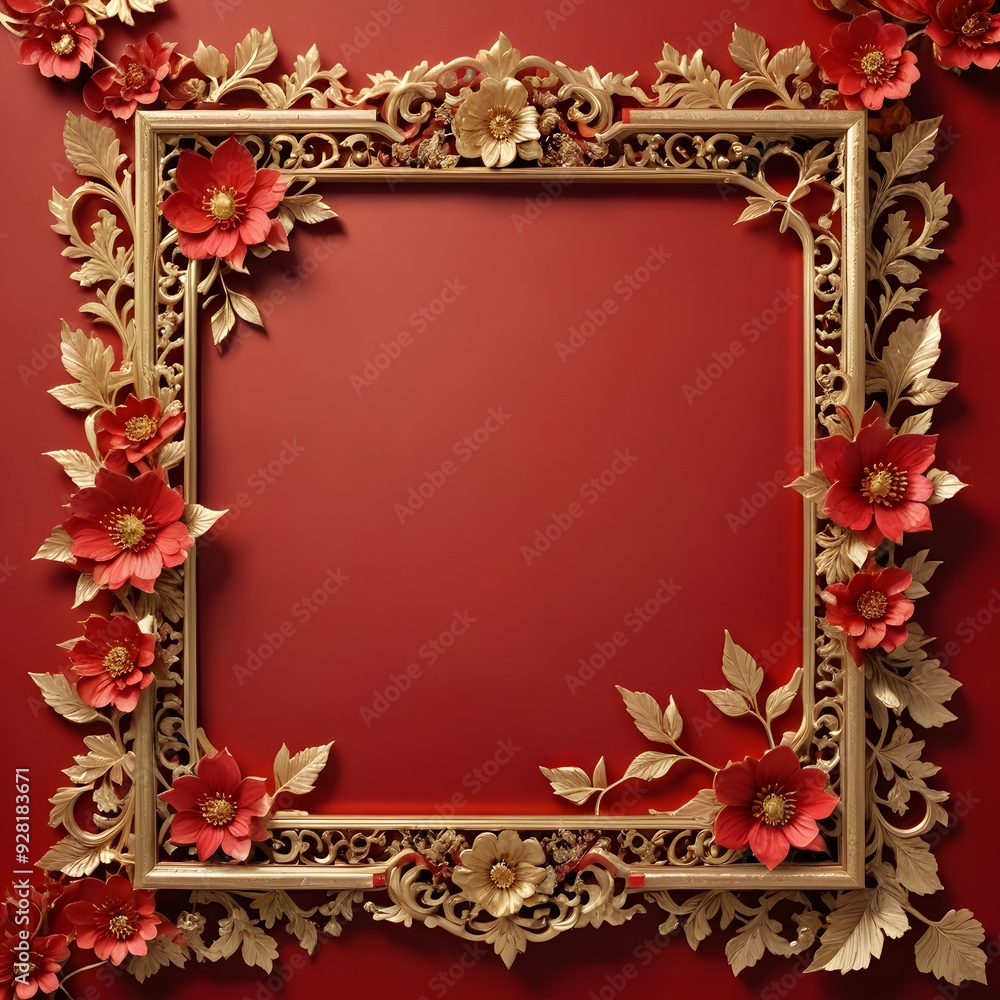 Ornate Golden Frame with Red Flowers on Red Background Ornate Golden Frame with Red Flowers on Red Background