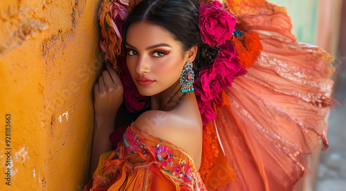 Beautiful young woman in a colorful flamenco dress