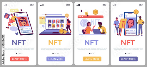 NFT mobile app. Smartphone onboarding. Unique masterpiece auction technology. Digital token. Crypto trade UI. Investment cryptocurrency exchange. Phone application interfaces vector set