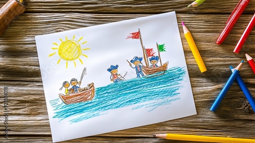 Charming child's art depicting pirates on a treasure hunt adventure, featuring a treasure chest, bright sun, and simplistic white paper on wooden table setting. Nostalgic and imaginative playtime conc photo