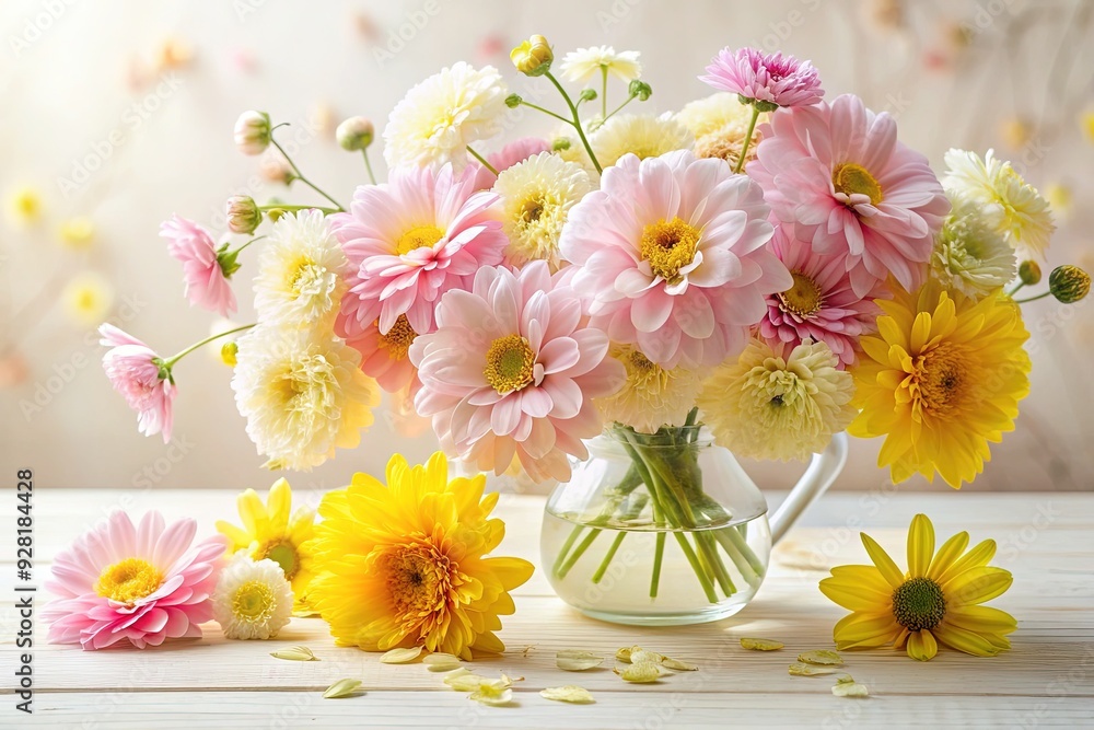 Delicate pink and yellow flowers bloom against a soft, creamy white background, creating a serene and romantic atmosphere in this elegant still life composition. Delicate pink and yellow flowers bloom against a soft, creamy white background, creating a serene and romantic atmosphere in this elegant still life composition.