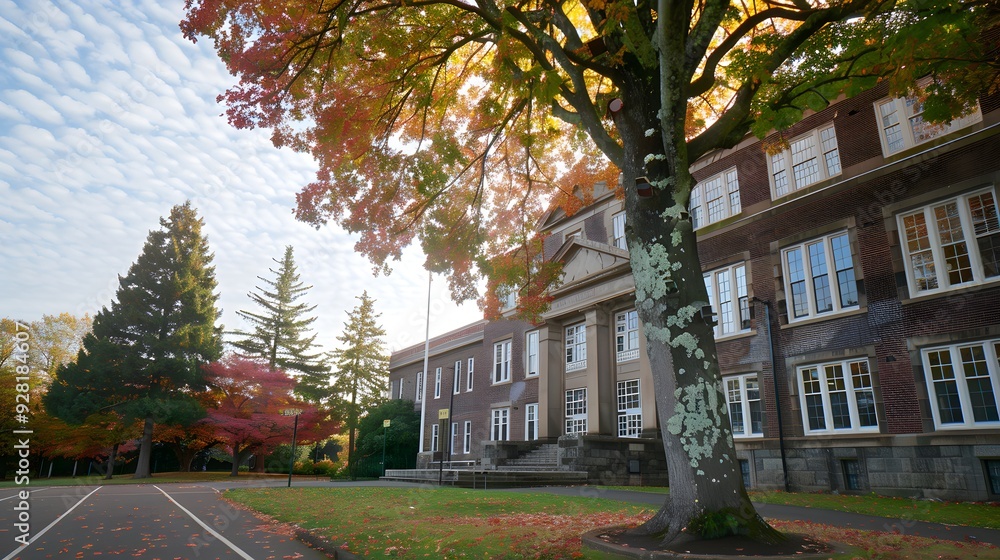 Autumnal School Exterior with Changing Leaves, Framing a Classic Academic Building in a Scenic Vista Autumnal School Exterior with Changing Leaves, Framing a Classic Academic Building in a Scenic Vista