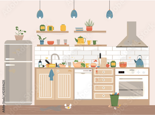 Interior of a dirty and messy kitchen with dirty dishes, furniture. Kitchen before tidying up and cleaning.