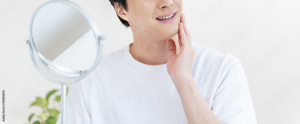 肌に手を添える爽やかな男性