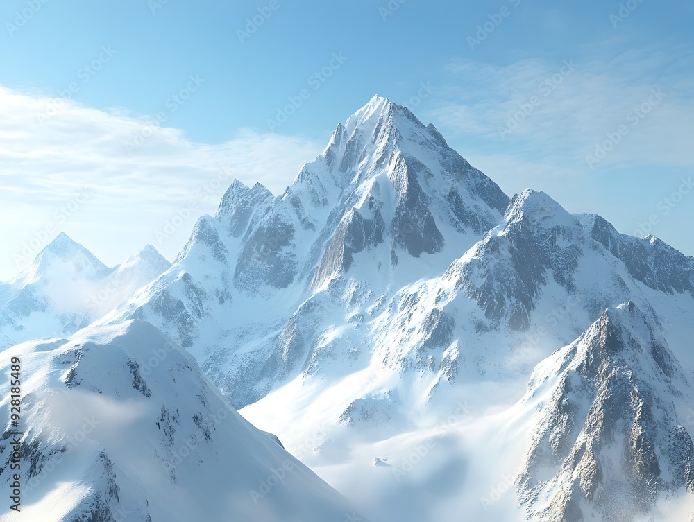 Obraz premium Breathtaking panoramic view of a majestic mountain range with snow capped peaks rising up against a vast pristine and untouched wilderness landscape