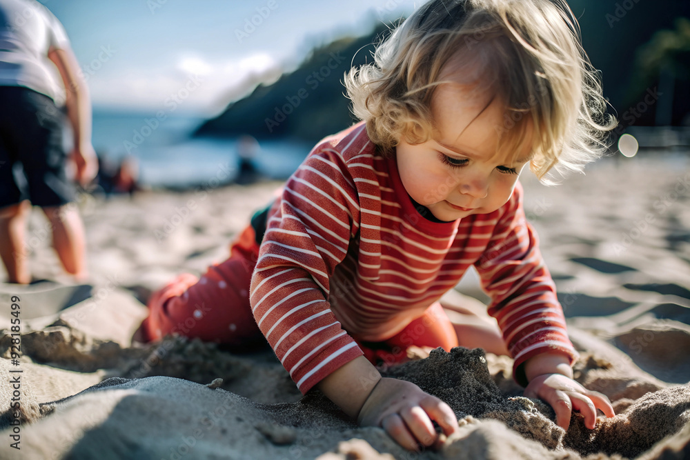 Capture a candid moment of a child playing in the sand at the beach Capture a candid moment of a child playing in the sand at the beach