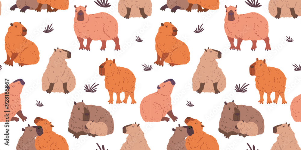 Seamless vector pattern capybaras in various poses: sitting, standing and a cub with its mother Seamless vector pattern capybaras in various poses: sitting, standing and a cub with its mother