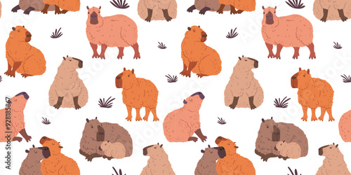 Seamless vector pattern capybaras in various poses: sitting, standing and a cub with its mother