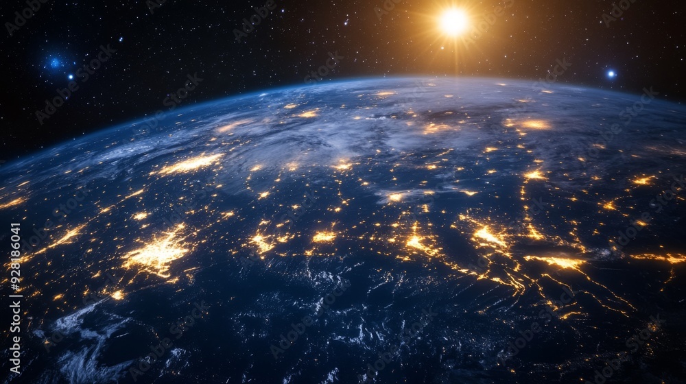 A stunning view of Earth at night from space, showcasing the glow of city lights against a backdrop of stars and a rising sun. A stunning view of Earth at night from space, showcasing the glow of city lights against a backdrop of stars and a rising sun.