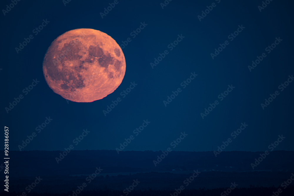 A large, glowing full moon rises above a dark, misty forest, casting a serene light over the landscape. The sky is a deep blue, creating a striking contrast with the moon's pinkish hue. A large, glowing full moon rises above a dark, misty forest, casting a serene light over the landscape. The sky is a deep blue, creating a striking contrast with the moon's pinkish hue.