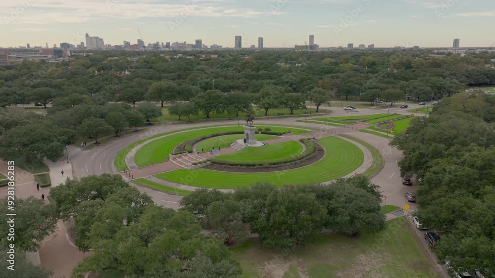 Panoramic shot of Sam Houston Statue in Hermann Park in Houston, TX