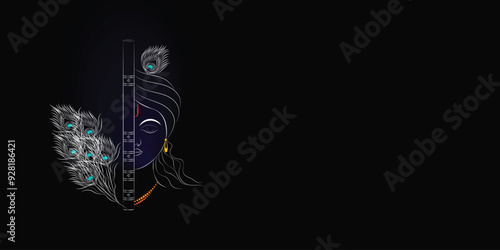 lord krishna line art vector illustration on dark background. 