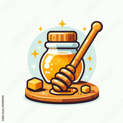 A jar of honey and a wooden spoon are shown in a cartoon style