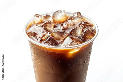 Iced coffee isolated on white background, delicious cold iced latte coffee drink in disposable plastic cup with ice cubes, cold beverage, for cafe, coffee shop, menu, design, Generative AI