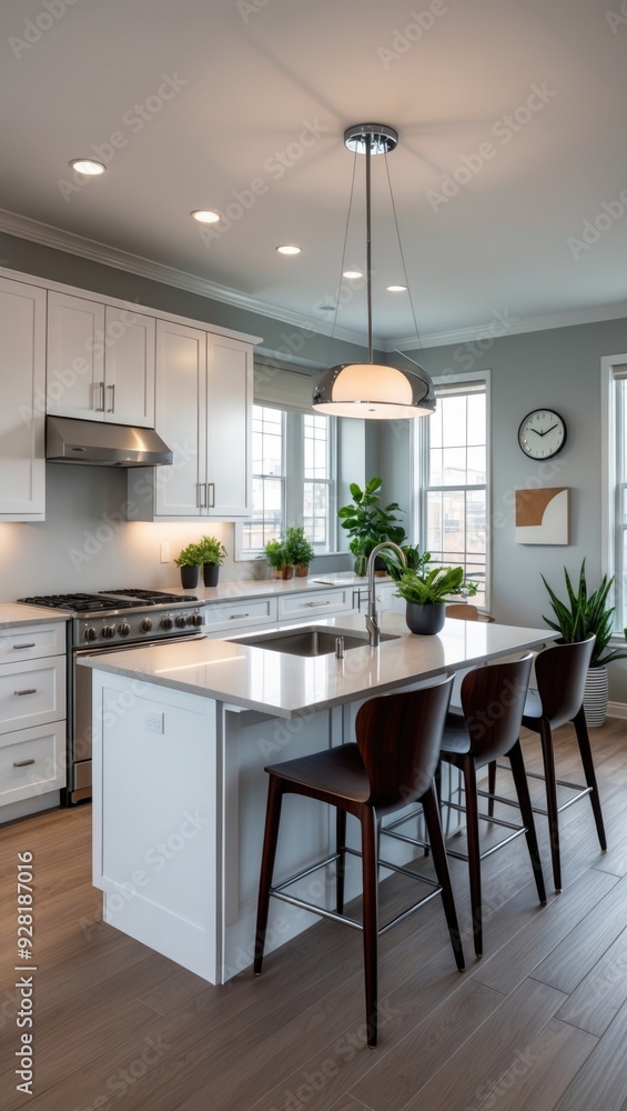Modern Kitchen with White Cabinets and Island, Wood Floor, and Natural Light Modern Kitchen with White Cabinets and Island, Wood Floor, and Natural Light
