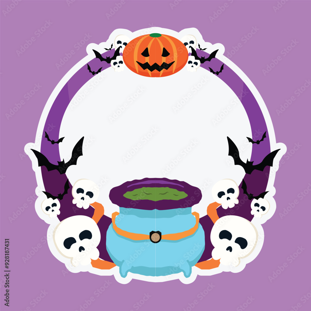 Fototapeta premium Round Halloween frame with skull and pumpkin vector illustration