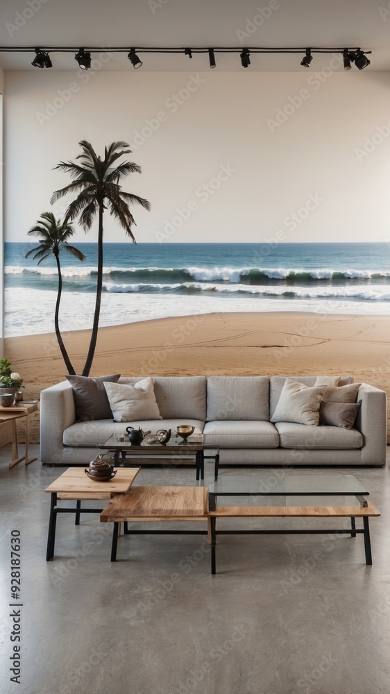 Modern Living Room with Beach Mural and Gray Sofa Modern Living Room with Beach Mural and Gray Sofa