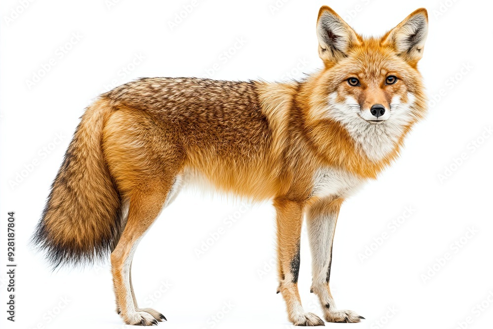 Fototapeta premium A Close-Up of a Golden-Brown Coyote Standing Against a White Background