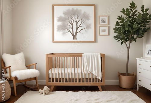 A cozy nursery with a wooden crib, a fluffy white rug, and a framed artwork of a tree on the wall.