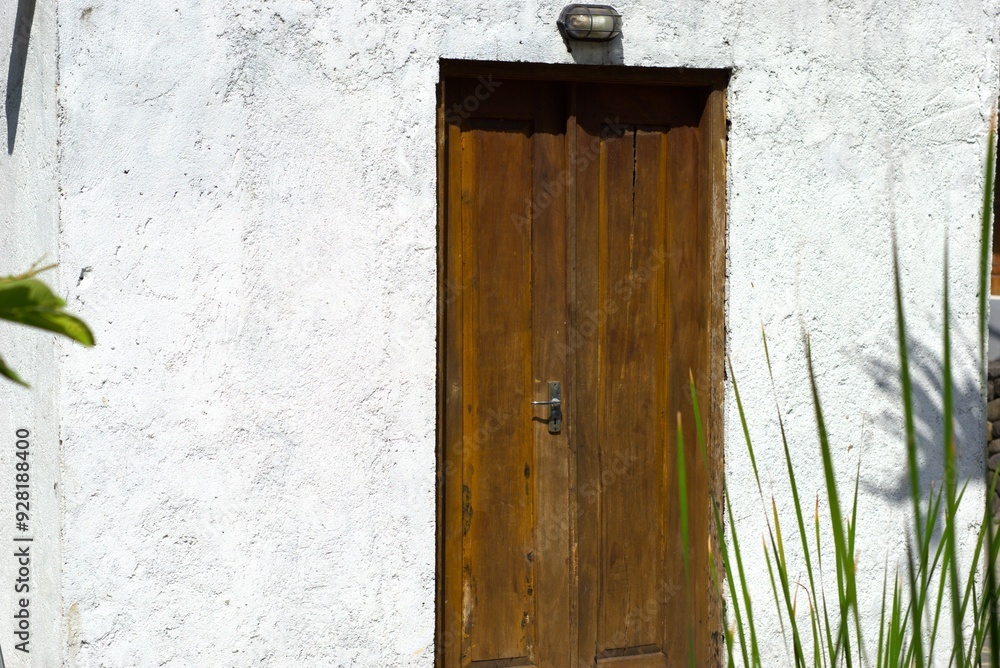 traditional brown wooden door on a white wall with copy space area traditional brown wooden door on a white wall with copy space area